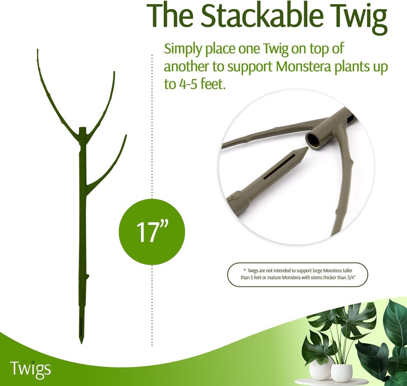 Twigs Ga دعامات نبات مونستيرا القابلة للتكديس، دعم للتسلق للاستخدام الداخلي والخارجي، ملحقات نباتية، بديل جمالي لأعمدة الطحالب والشبكات – مونستيرا الأخضر، عبوة 5، 17 بوصة طول - Image 4